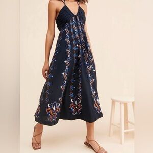 Anthropologie  Embroidered Halter Midi Dress